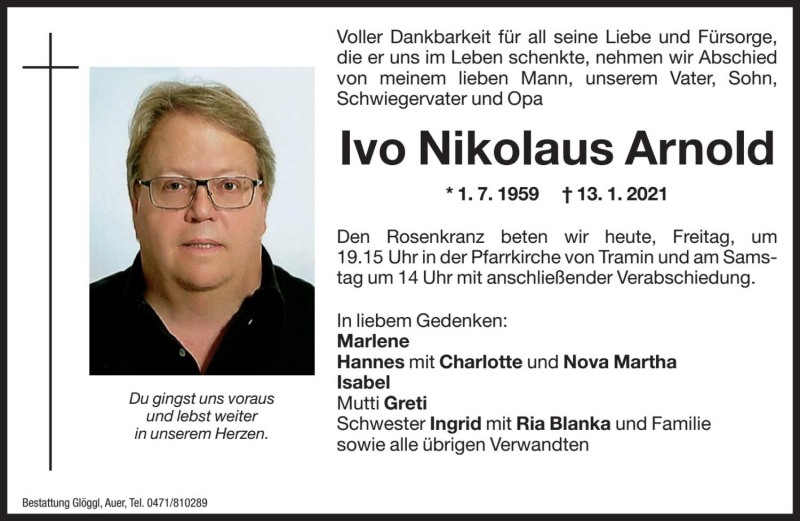  Traueranzeige für Ivo Nikolaus Arnold vom 15.01.2021 aus Dolomiten