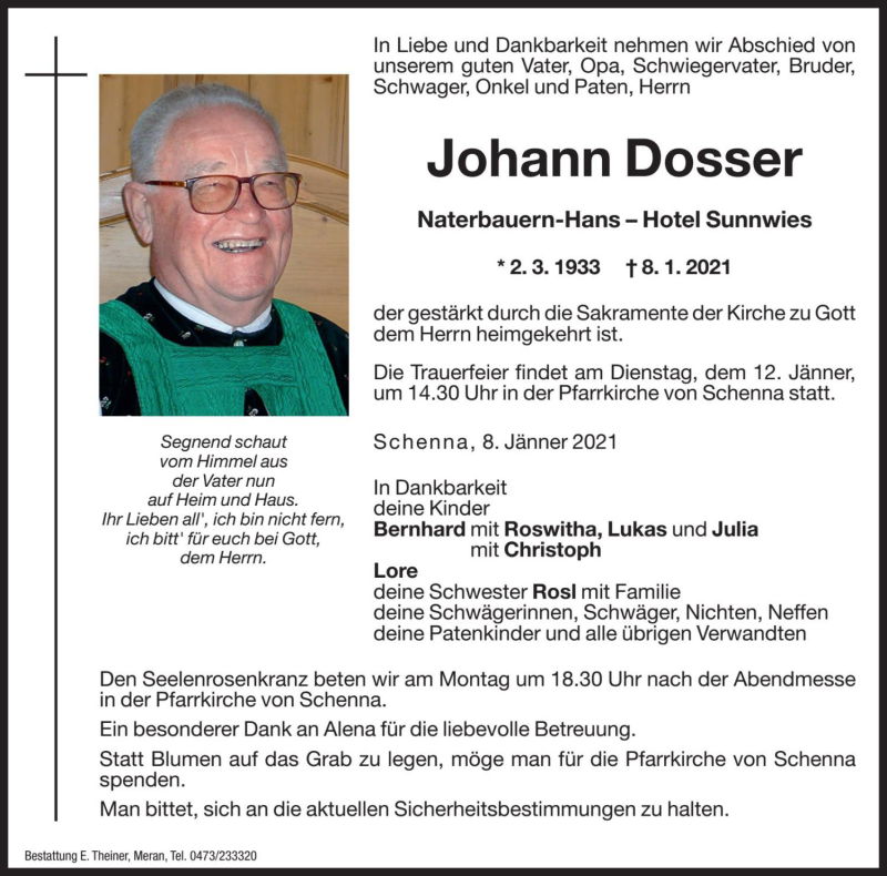  Traueranzeige für Johann Dosser vom 11.01.2021 aus Dolomiten