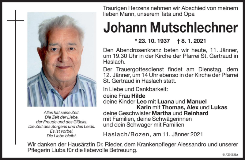  Traueranzeige für Johann Mutschlechner vom 11.01.2021 aus Dolomiten