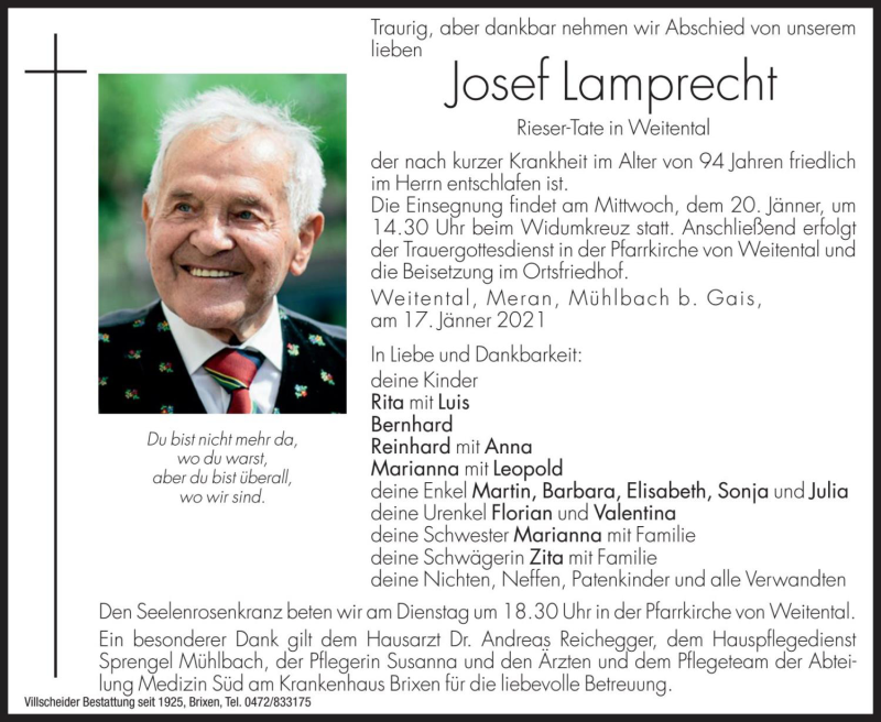  Traueranzeige für Josef Lamprecht vom 18.01.2021 aus Dolomiten