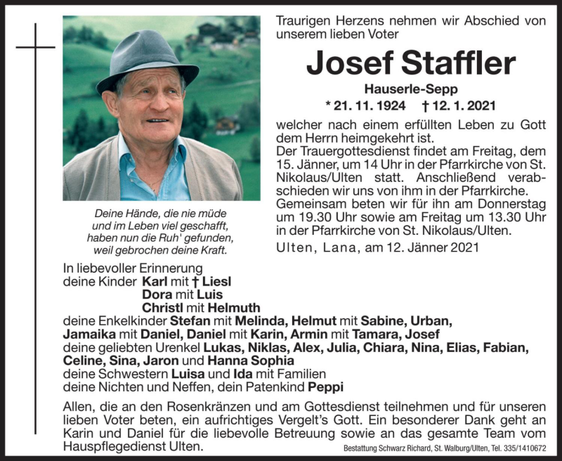  Traueranzeige für Josef Staffler vom 13.01.2021 aus Dolomiten