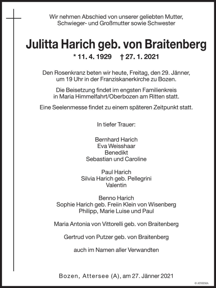  Traueranzeige für Julitta Harich vom 29.01.2021 aus Dolomiten