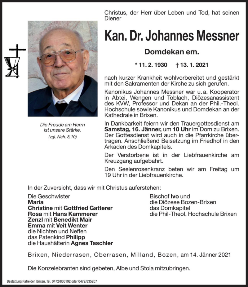  Traueranzeige für Kan. Dr. Johannes Messner vom 15.01.2021 aus Dolomiten