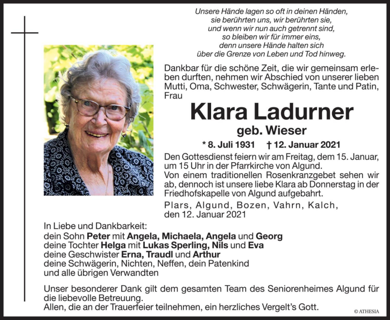  Traueranzeige für Klara Ladurner vom 14.01.2021 aus Dolomiten