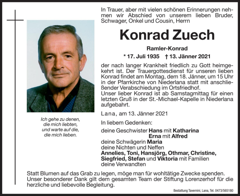 Traueranzeige für Konrad Zuech vom 15.01.2021 aus Dolomiten