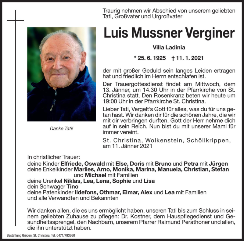  Traueranzeige für Luis Mussner Verginer vom 12.01.2021 aus Dolomiten