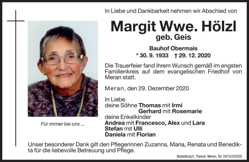  Traueranzeige für Margit Hölzl vom 09.01.2021 aus Dolomiten