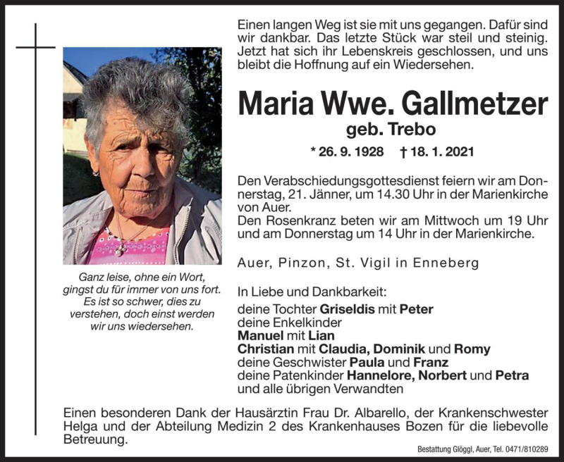  Traueranzeige für Maria Gallmetzer vom 19.01.2021 aus Dolomiten