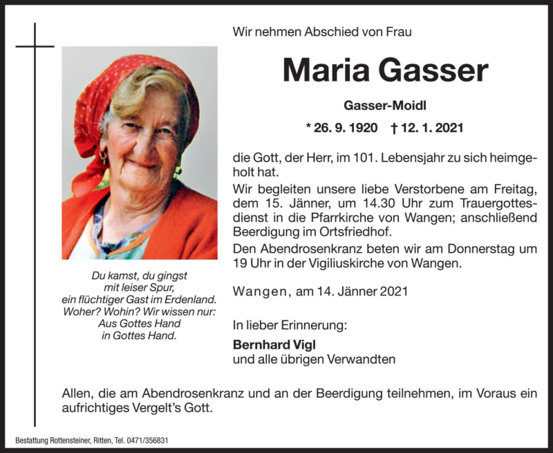  Traueranzeige für Maria Gasser vom 14.01.2021 aus Dolomiten