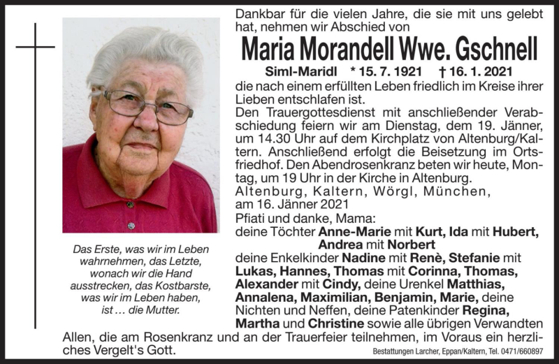  Traueranzeige für Maria Gschnell vom 18.01.2021 aus Dolomiten