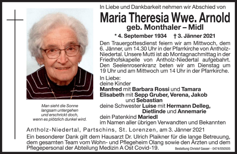  Traueranzeige für Maria Theresia Arnold vom 04.01.2021 aus Dolomiten