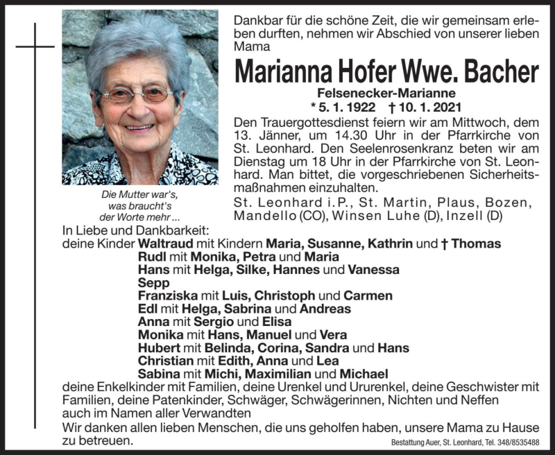  Traueranzeige für Marianna Bacher vom 12.01.2021 aus Dolomiten
