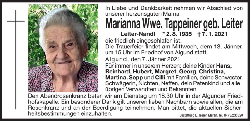  Traueranzeige für Marianna Tappeiner vom 09.01.2021 aus Dolomiten