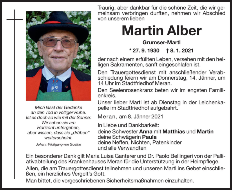  Traueranzeige für Martin Alber vom 11.01.2021 aus Dolomiten