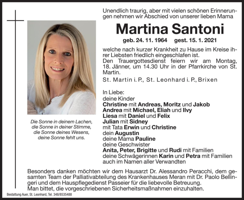  Traueranzeige für Martina Santoni vom 18.01.2021 aus Dolomiten