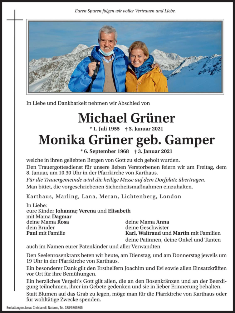  Traueranzeige für Michael Grüner vom 05.01.2021 aus Dolomiten