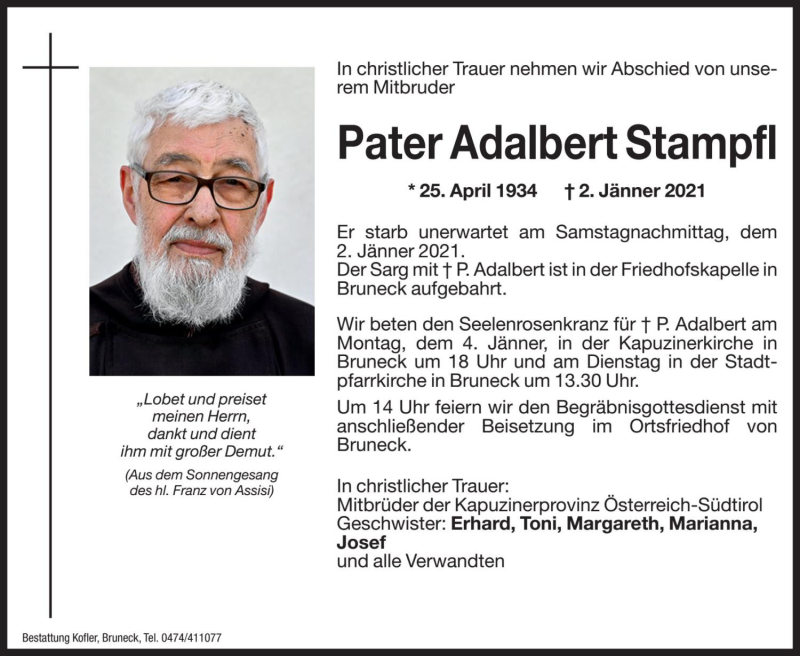  Traueranzeige für Adalbert Stampfl vom 04.01.2021 aus Dolomiten