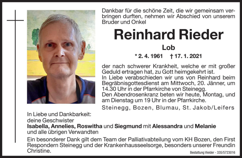  Traueranzeige für Reinhard Rieder vom 18.01.2021 aus Dolomiten
