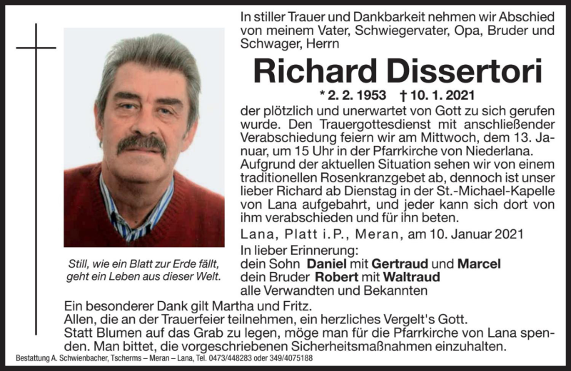  Traueranzeige für Richard Dissertori vom 11.01.2021 aus Dolomiten