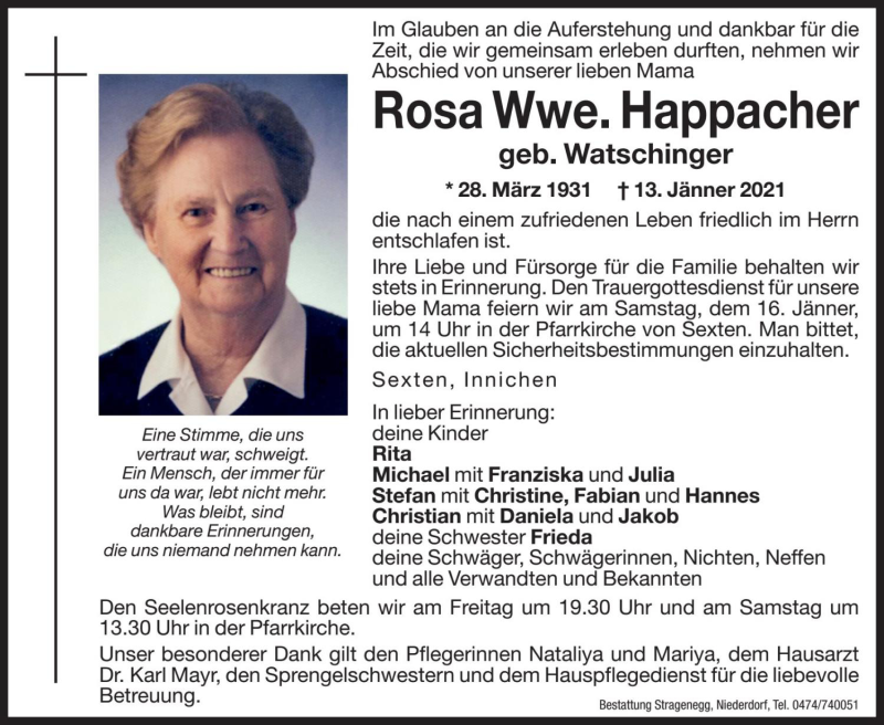  Traueranzeige für Rosa Happacher vom 15.01.2021 aus Dolomiten