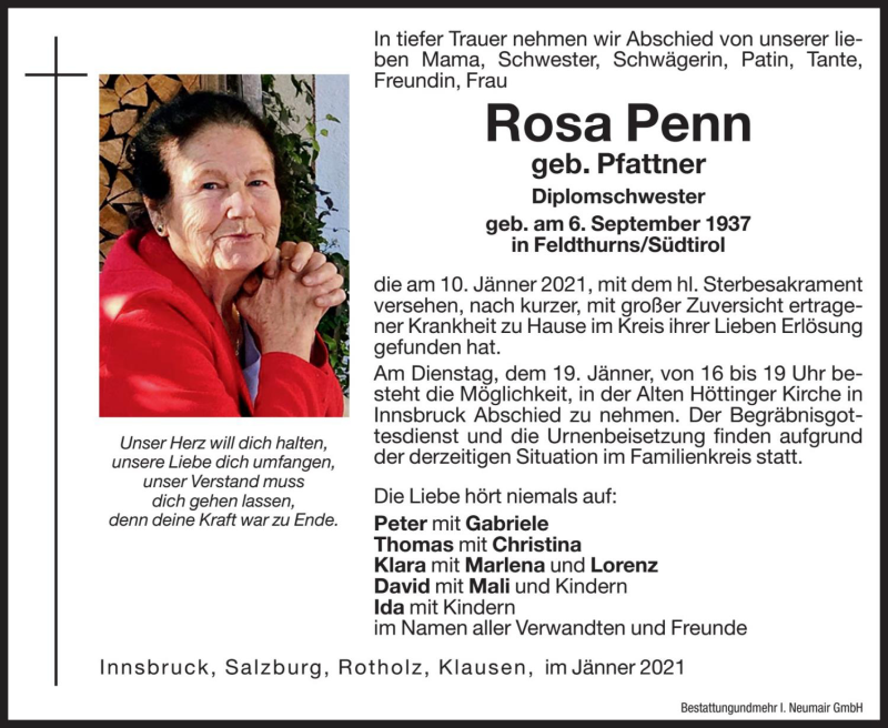  Traueranzeige für Rosa Penn vom 16.01.2021 aus Dolomiten
