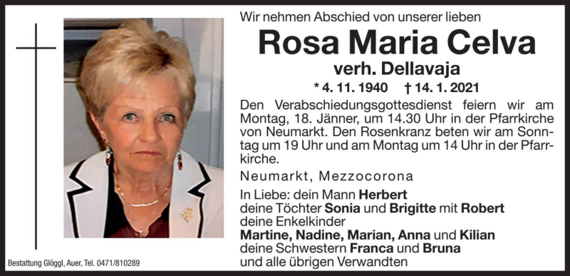  Traueranzeige für Rosa Maria Dellavaja vom 15.01.2021 aus Dolomiten