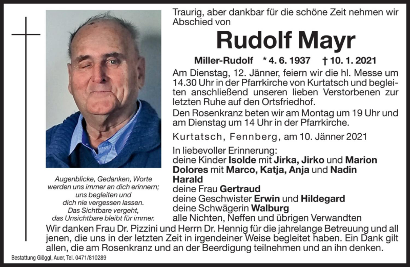  Traueranzeige für Rudolf Mayr vom 11.01.2021 aus Dolomiten