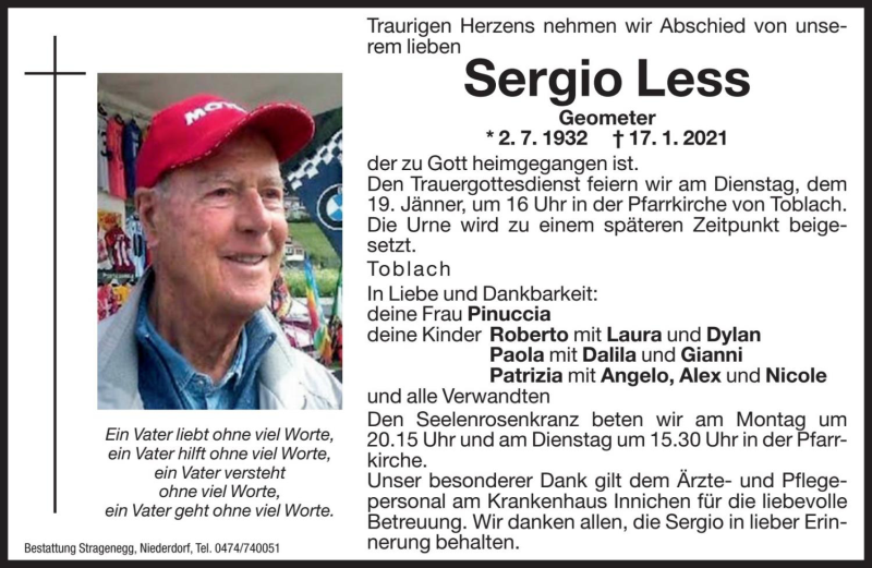  Traueranzeige für Sergio Less vom 18.01.2021 aus Dolomiten