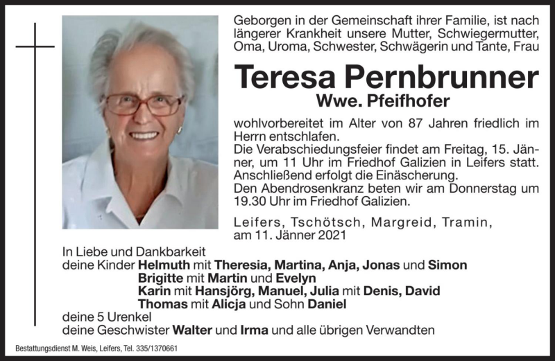  Traueranzeige für Teresa Pfeifhofer vom 13.01.2021 aus Dolomiten