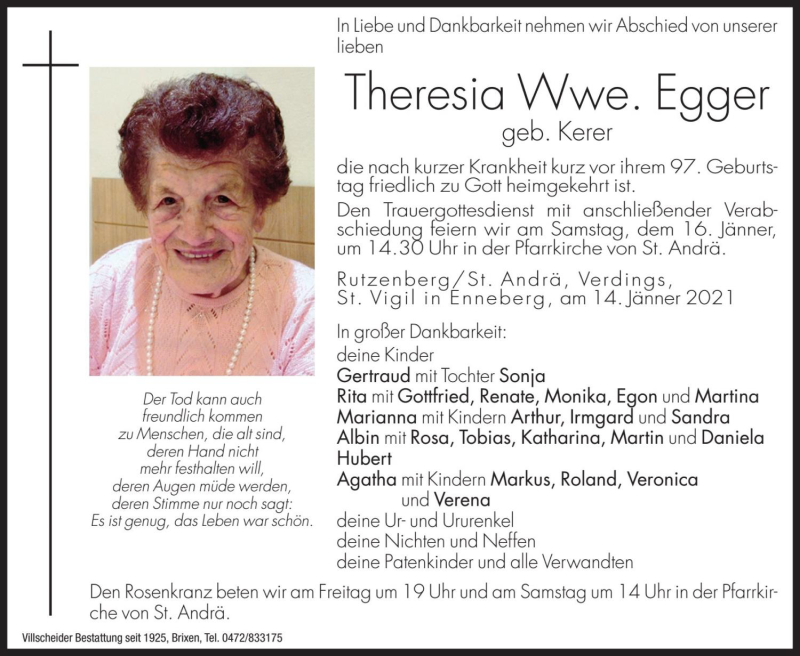  Traueranzeige für Theresia Egger vom 15.01.2021 aus Dolomiten