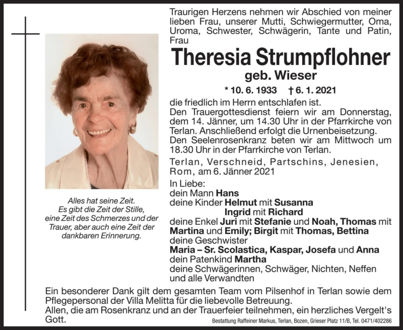  Traueranzeige für Theresia Strumpflohner vom 12.01.2021 aus Dolomiten