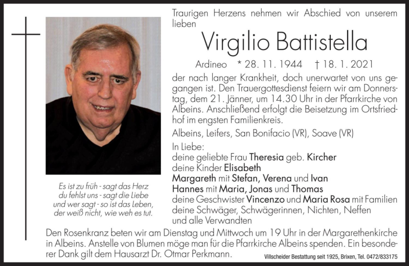  Traueranzeige für Virgilio Battistella vom 19.01.2021 aus Dolomiten