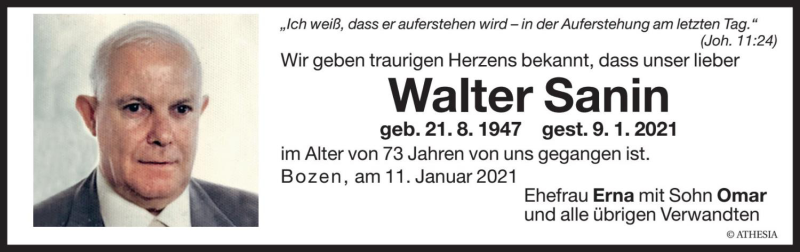  Traueranzeige für Walter Sanin vom 13.01.2021 aus Dolomiten