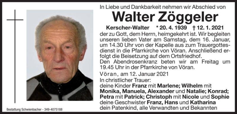  Traueranzeige für Walter Zöggeler vom 15.01.2021 aus Dolomiten