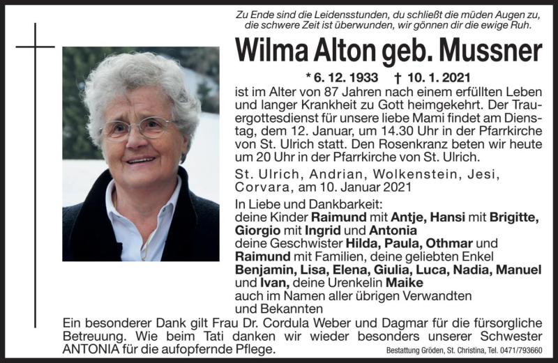  Traueranzeige für Wilma Alton vom 11.01.2021 aus Dolomiten