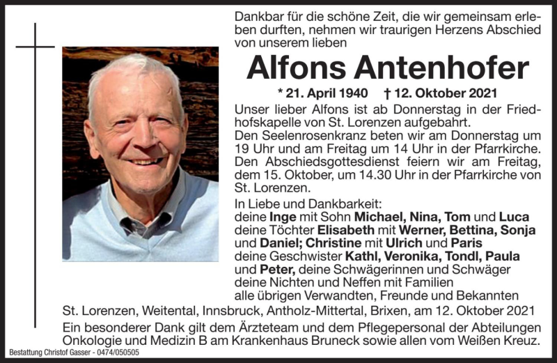  Traueranzeige für Alfons Antenhofer vom 14.10.2021 aus Dolomiten