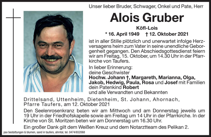  Traueranzeige für Alois Gruber vom 13.10.2021 aus Dolomiten