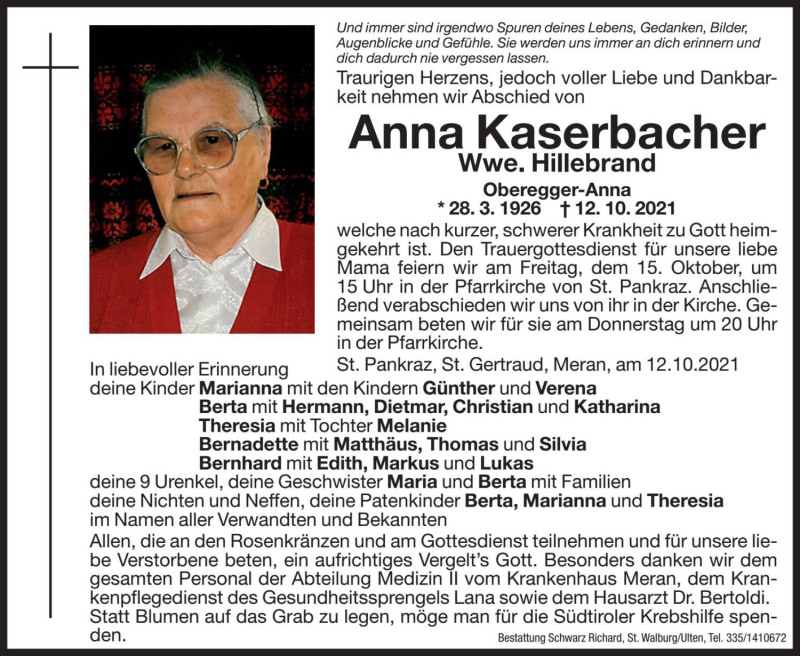  Traueranzeige für Anna Hillebrand vom 14.10.2021 aus Dolomiten