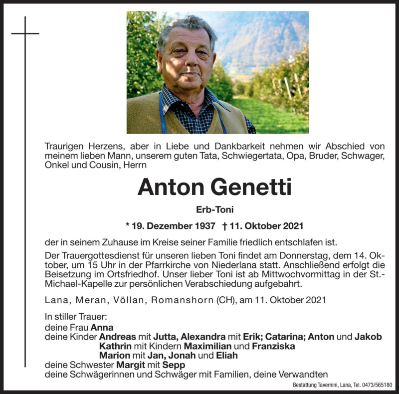  Traueranzeige für Anton Genetti vom 12.10.2021 aus Dolomiten