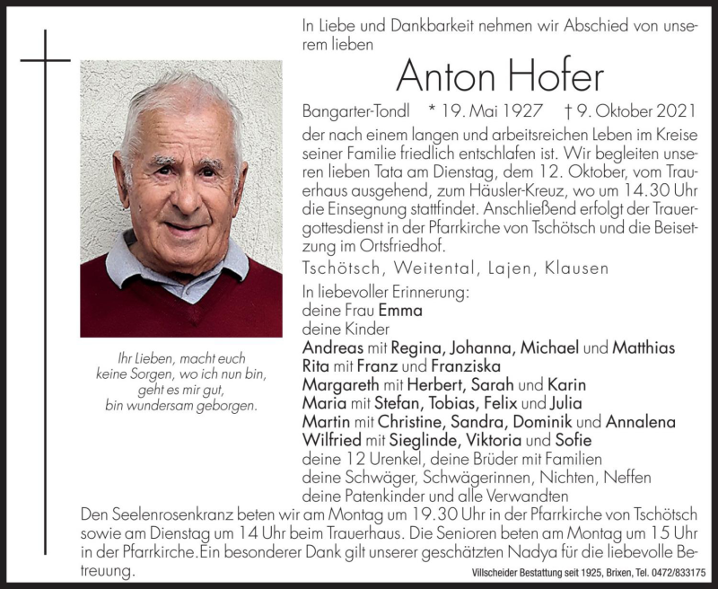  Traueranzeige für Anton Hofer vom 11.10.2021 aus Dolomiten