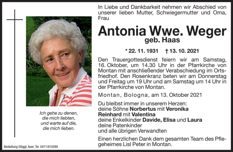  Traueranzeige für Antonia Weger vom 14.10.2021 aus Dolomiten