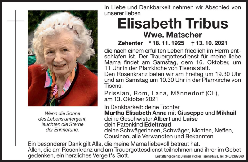  Traueranzeige für Elisabeth Matscher vom 15.10.2021 aus Dolomiten