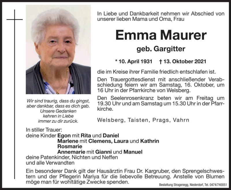  Traueranzeige für Emma Maurer vom 15.10.2021 aus Dolomiten