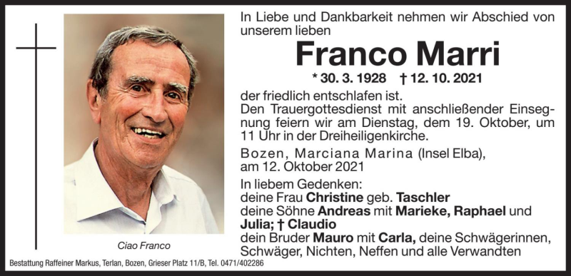  Traueranzeige für Franco Marri vom 15.10.2021 aus Dolomiten