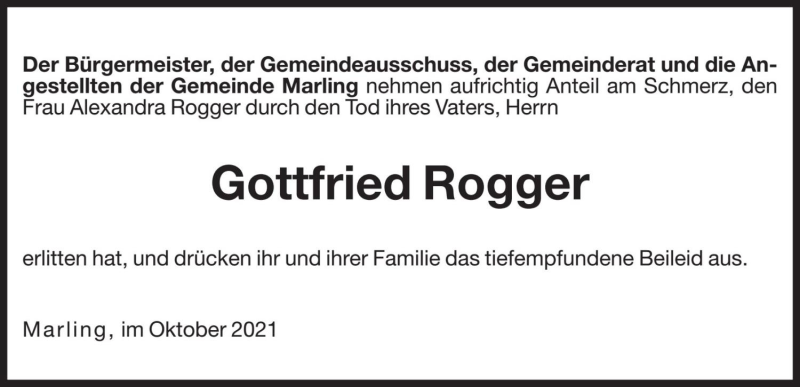  Traueranzeige für Gottfried Rogger vom 13.10.2021 aus Dolomiten