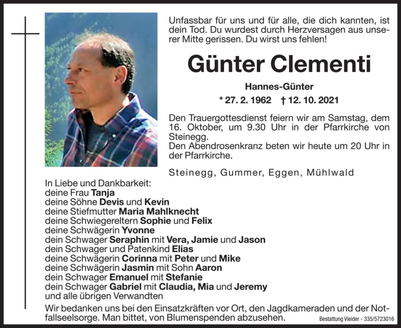  Traueranzeige für Günter Clementi vom 15.10.2021 aus Dolomiten