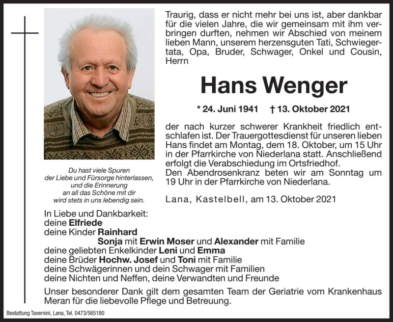  Traueranzeige für Hans Wenger vom 15.10.2021 aus Dolomiten