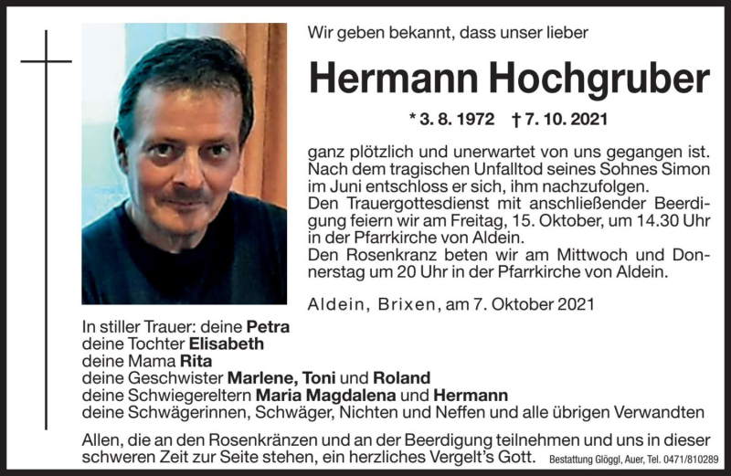  Traueranzeige für Hermann Hochgruber vom 13.10.2021 aus Dolomiten