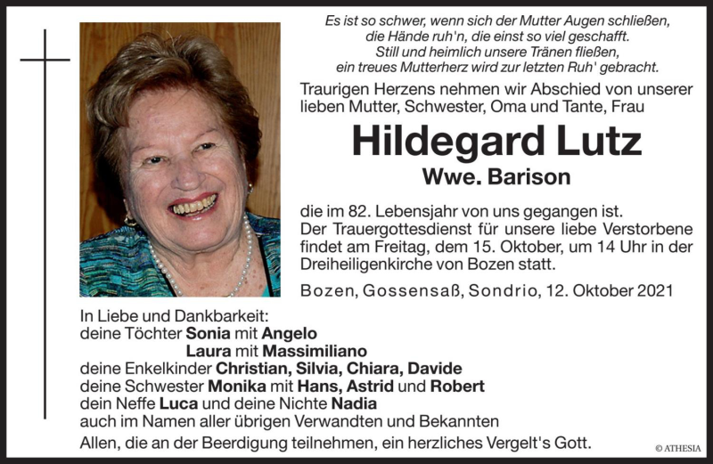  Traueranzeige für Hildegard Barison vom 14.10.2021 aus Dolomiten
