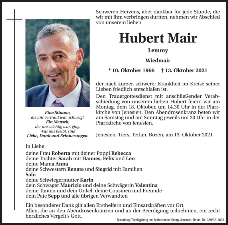  Traueranzeige für Hubert Mair vom 16.10.2021 aus Dolomiten